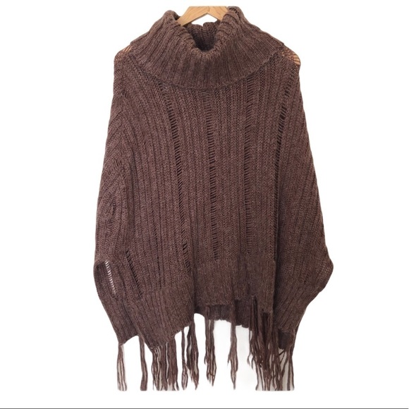 Poncho Sweater Soft Knit Brown Cowl Neck Fringe One Size - Picture 1 of 5